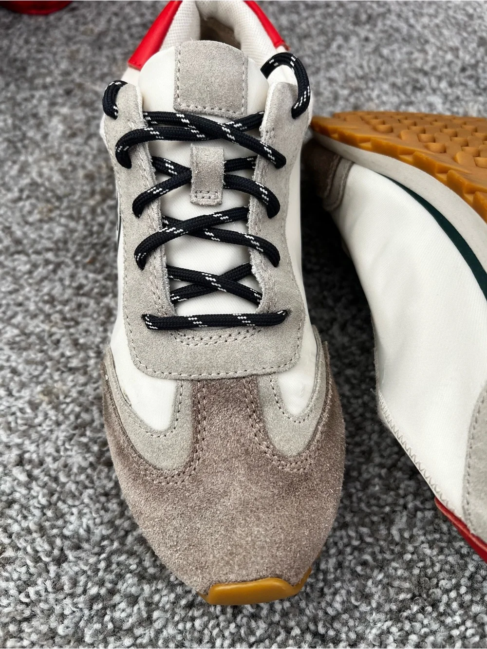 Tory Burch Men's Suede & Mesh Sneakers - White, Taupe & Red - Picture 5 of 8